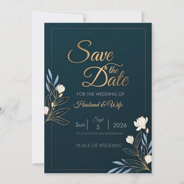 Elegant Navy Blue Gold Floral Save the Date Card (Framsida)
