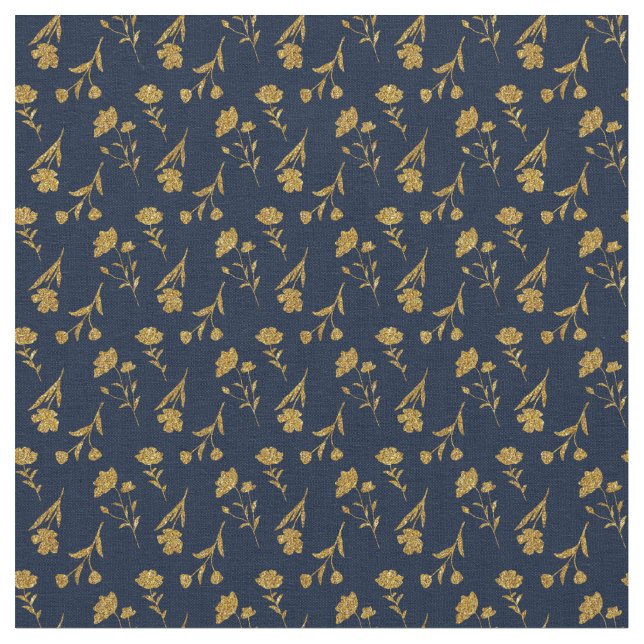 Elegant Navy Blue Gold Floral Seamless Pattern Tyg (Närbild)