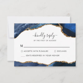 Elegant Navy Blue Gold Foil Agate Gemstone Bröllop OSA Kort