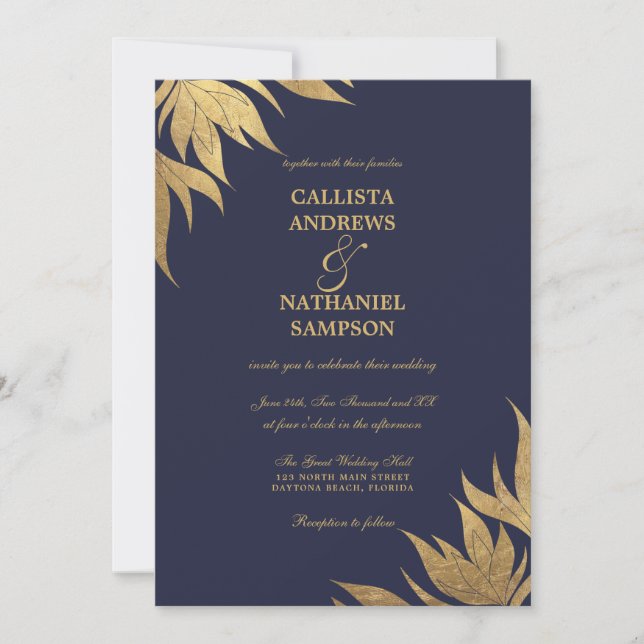 Elegant Navy Blue Gold Foil Foil Foliage Löv Bröll Inbjudningar (Framsida)