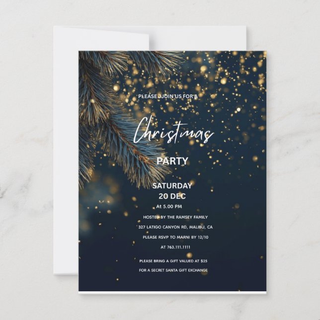 Elegant Navy Blue & Gold Glitter Party Christmas Inbjudningar (Framsida)