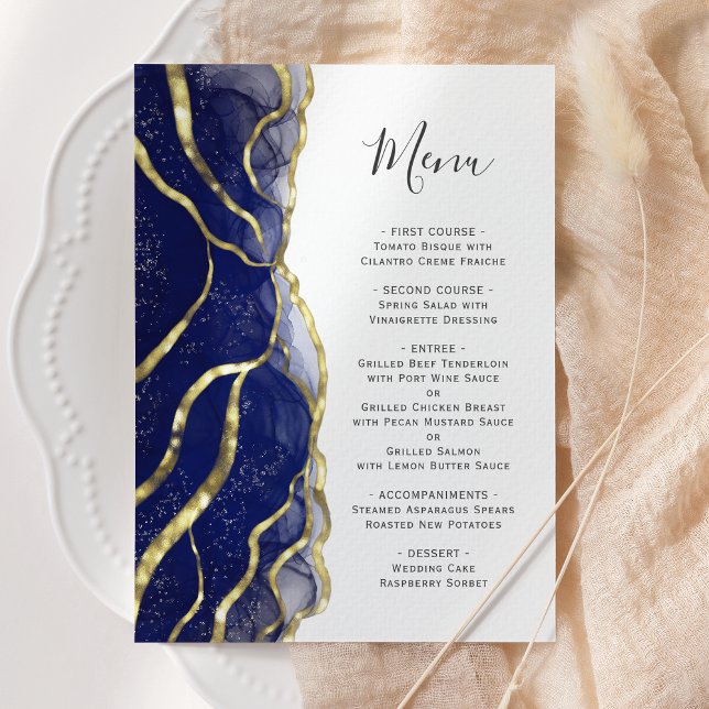 Elegant Navy Blue Gold Ink Wedding Menu Meny (Skapare uppladdad)