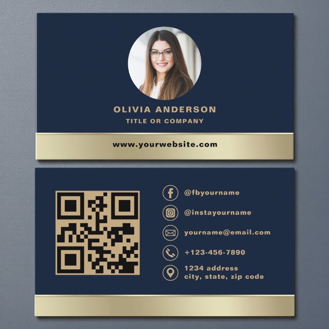 Elegant Navy Blue Gold Logo QR Code Photo Visitkort (Skapare uppladdad)