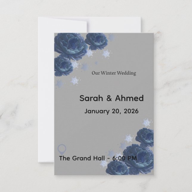 Elegant Navy Blue & Gold Winter Floral Wedding Inv OSA Kort (Framsida)