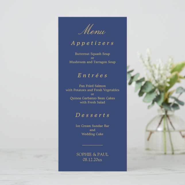 Elegant Navy Blue Golden Beige Bröllop Menu Meny (Stående Fram)