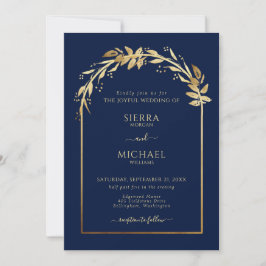 Elegant Navy Blue Golden Foliage Bröllop Arch Inbjudningar