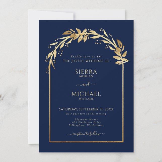 Elegant Navy Blue Golden Foliage Bröllop Arch Inbjudningar (Framsida)