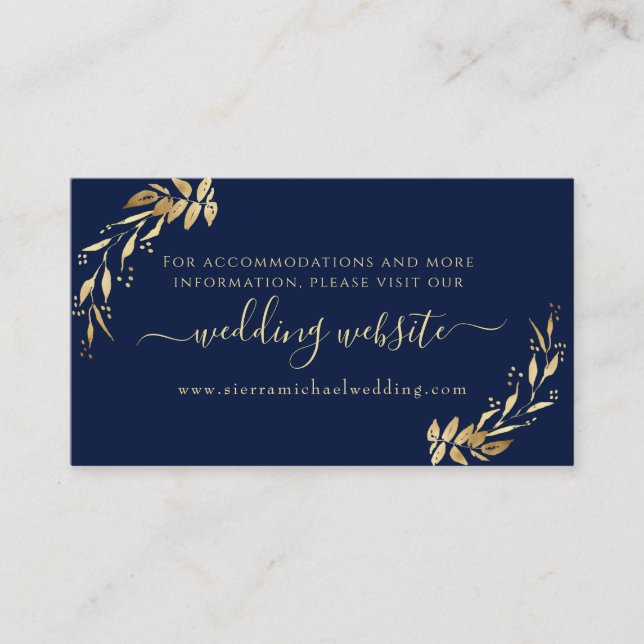 Elegant Navy Blue Golden Foliage Bröllop webbplats Tilläggskort (Framsida)