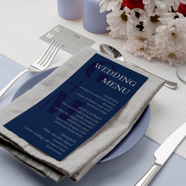 Elegant Navy Blue Grått Typography Bröllop Menu Meny (Skapare uppladdad)