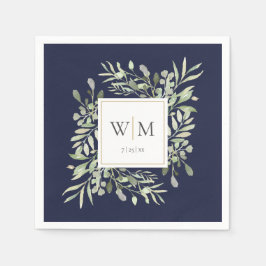 Elegant Navy Blue Greenery Guld Monogram Pappersservett