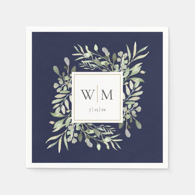 Elegant Navy Blue Greenery Guld Monogram Pappersservett (Framsidan)