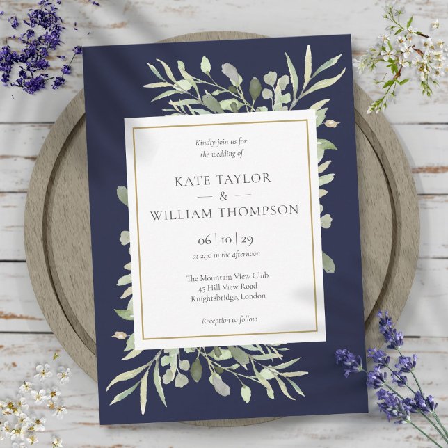 Elegant Navy Blue Greenery Löv Bröllop Inbjudningar (Elegant Navy Blue Greenery Leaves Wedding Invitation)