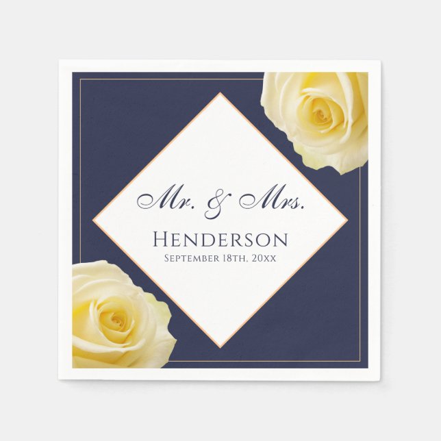 Elegant Navy Blue Gul ros Blommigt Bröllopsfest Pappersservett (Framsidan)