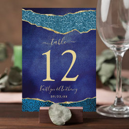 Elegant Navy Blue & Guld Agate Bröllop Bordsnummer