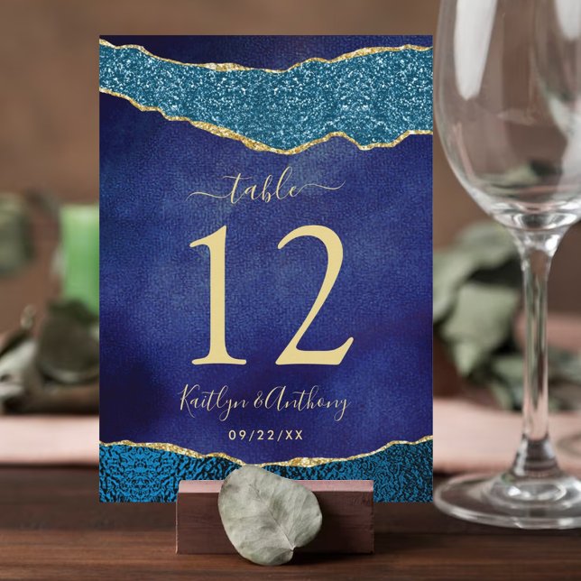 Elegant Navy Blue & Guld Agate Bröllop Bordsnummer (Skapare uppladdad)