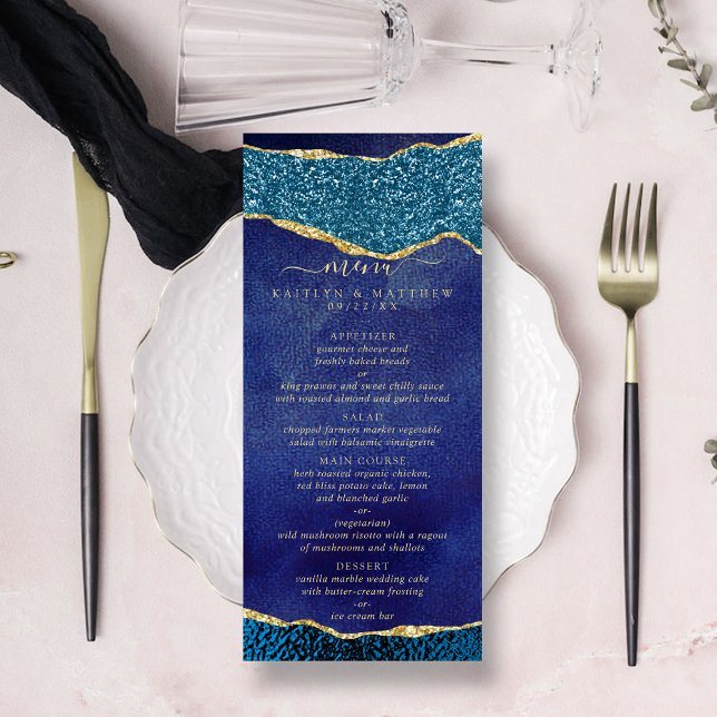 Elegant Navy Blue & Guld Agate Bröllop Menu Reklamkort (Skapare uppladdad)