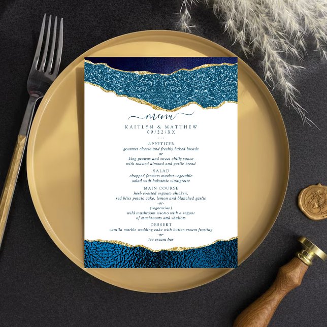 Elegant Navy Blue & Guld Agate Bröllop Meny (Skapare uppladdad)