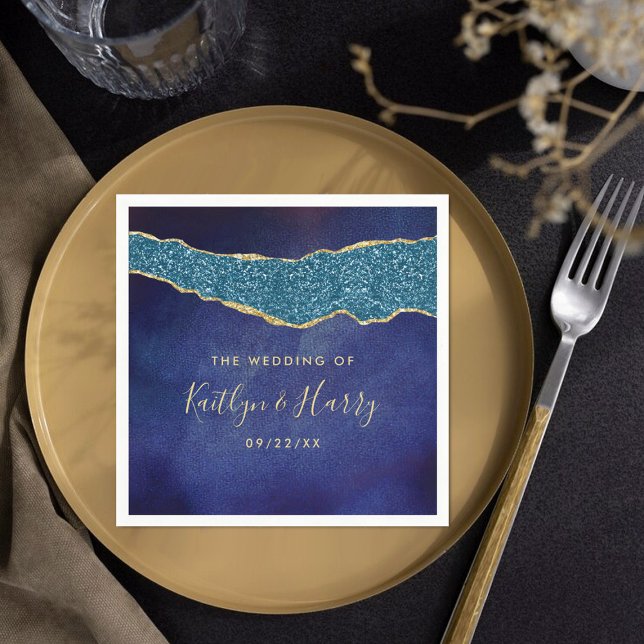 Elegant Navy Blue & Guld Agate Bröllop Pappersservett (Skapare uppladdad)