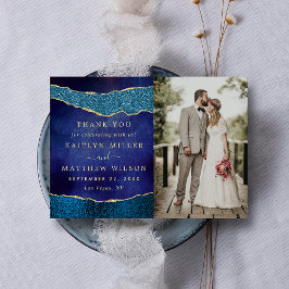 Elegant Navy Blue & Guld Agate Bröllop Photo Tack Kort