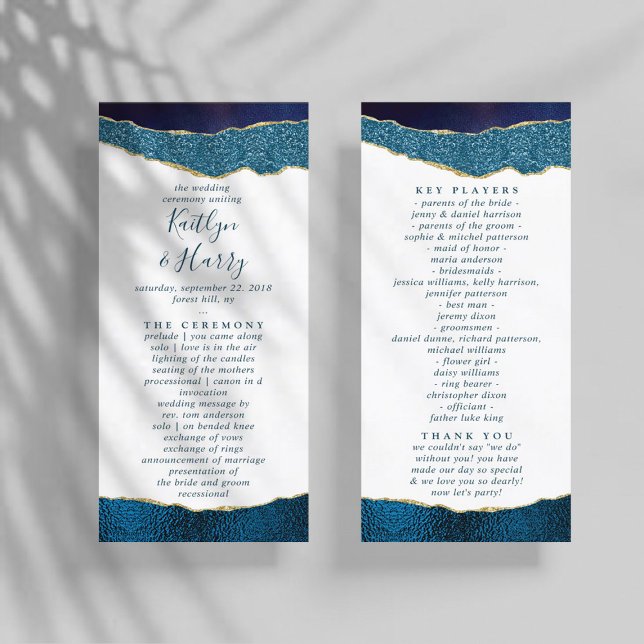 Elegant Navy Blue & Guld Agate Bröllop Program (Skapare uppladdad)
