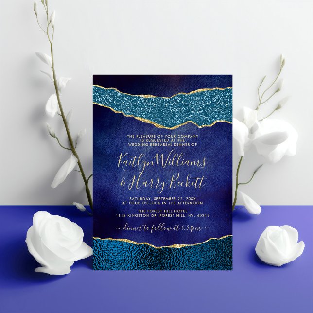 Elegant Navy Blue & Guld Agate Bröllop Rehearsal Inbjudningar (Skapare uppladdad)