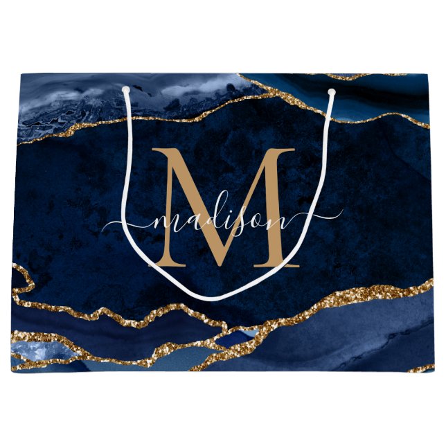 Elegant Navy Blue Guld Agate Geode Girly Monogram (Framsidan)