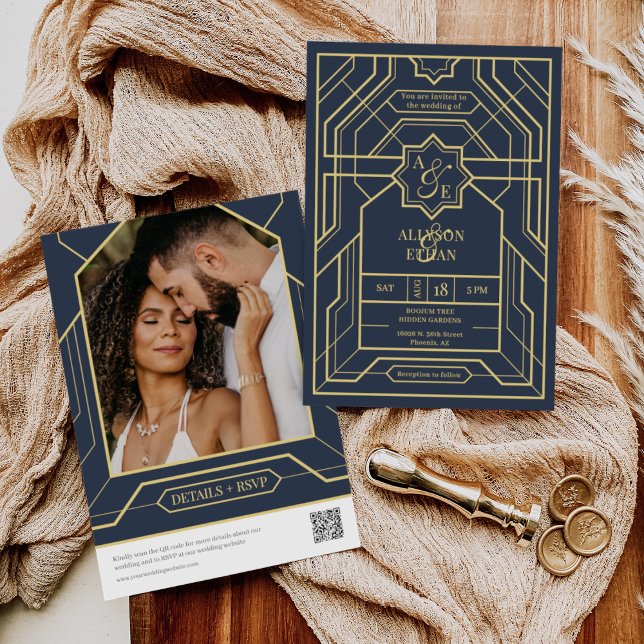 Elegant Navy Blue Guld Art Deco QR-kodfoto Inbjudningar (Skapare uppladdad)