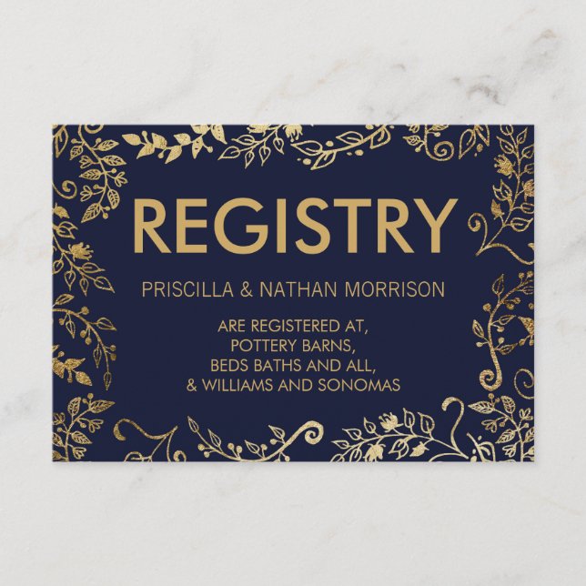 Elegant Navy Blue Guld Blommigt Gift-register Tilläggskort (Framsida)