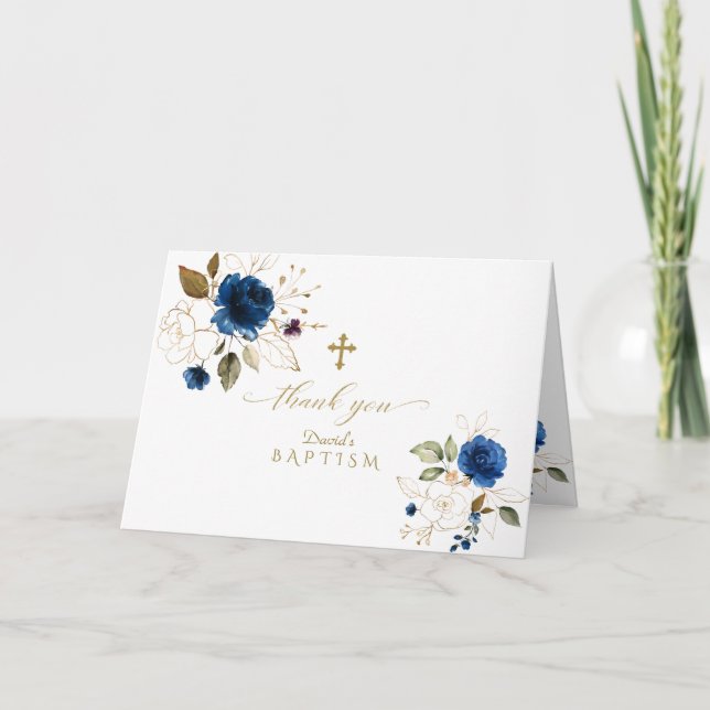 Elegant Navy Blue Guld Blommigt Photo Boy Baptism Tack Kort (Framsida)