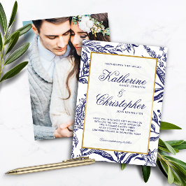 Elegant Navy Blue Guld Botanical Photo Bröllop Inbjudningar