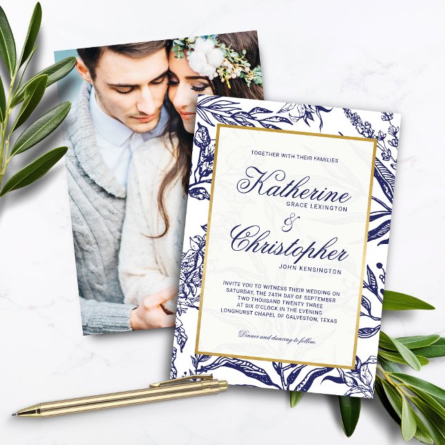 Elegant Navy Blue Guld Botanical Photo Bröllop Inbjudningar (Elegant Navy Blue Gold Botanical Photo Wedding Invitations)