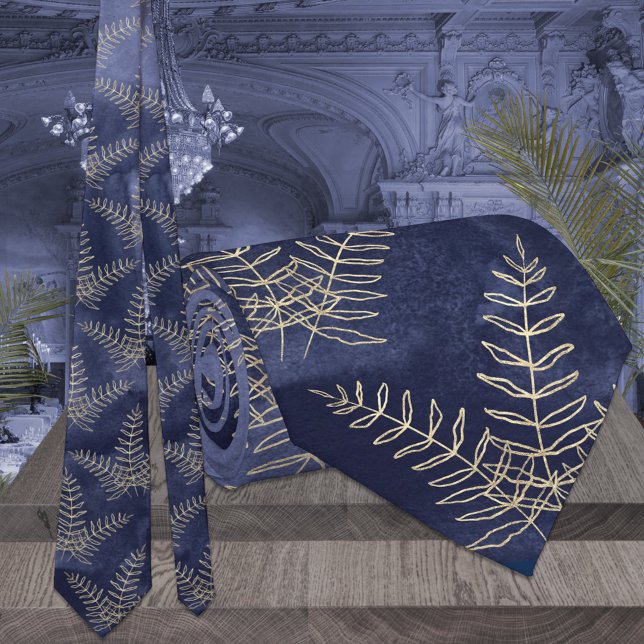 Elegant Navy Blue & Guld Fern Löv Bröllop Slips (Skapare uppladdad)