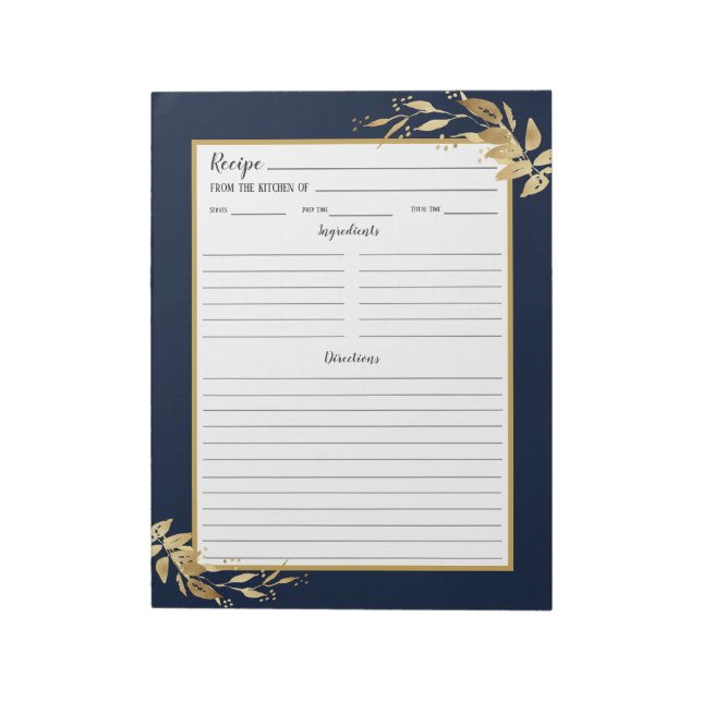 Elegant Navy Blue Guld Foliage Recipe Anteckningsb Anteckningsblock (Roterad)