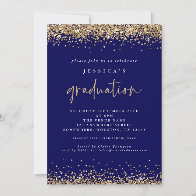 Elegant Navy Blue Guld Glitter 2024 Studenten Inbjudningar (Framsida)