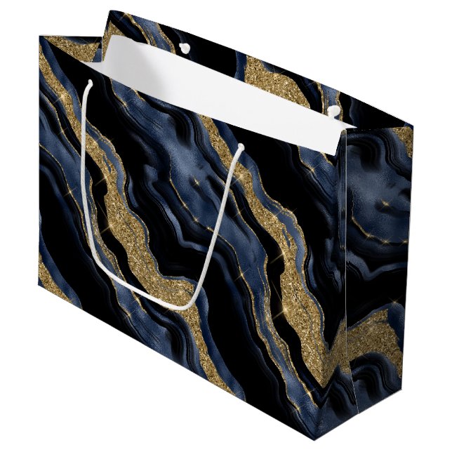 Elegant Navy Blue & Guld Glitter Agate Birthday (Framsidan Vinklad)