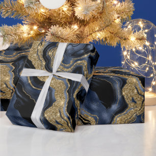 Elegant Navy Blue & Guld Glitter Agate Födelsedag Presentpapper