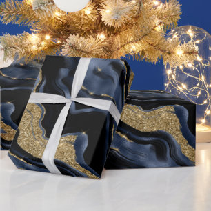 Elegant Navy Blue & Guld Glitter Agate Födelsedag Presentpapper