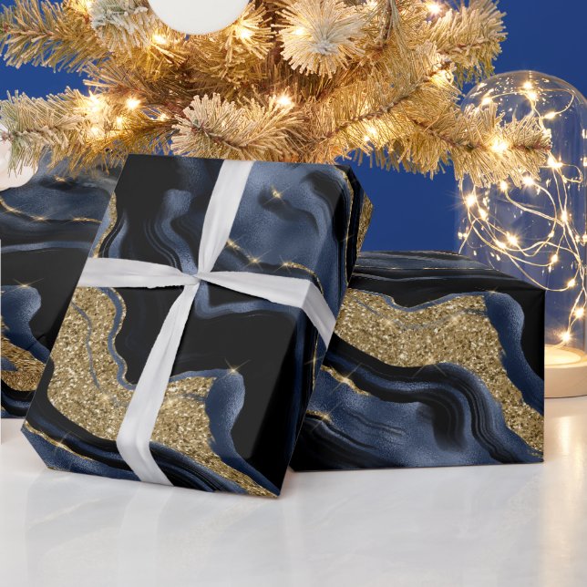 Elegant Navy Blue & Guld Glitter Agate Födelsedag Presentpapper (Helgdagar)