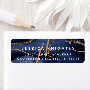 Elegant Navy Blue Guld Glitter Monogram Initialer Returadress Etikett