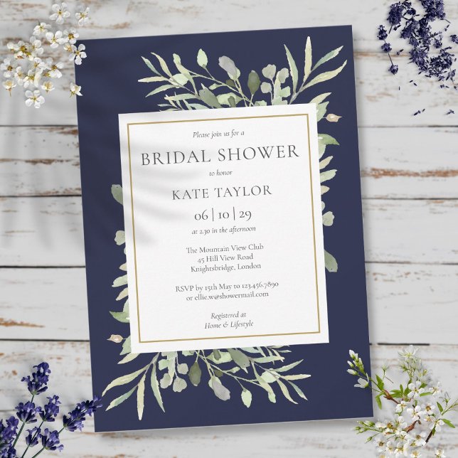 Elegant Navy Blue Guld Greenery Möhippa Inbjudningar (Elegant Navy Blue Gold Greenery Bridal Shower Invitation)
