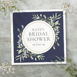 Elegant Navy Blue Guld Greenery Möhippa Pappersservett