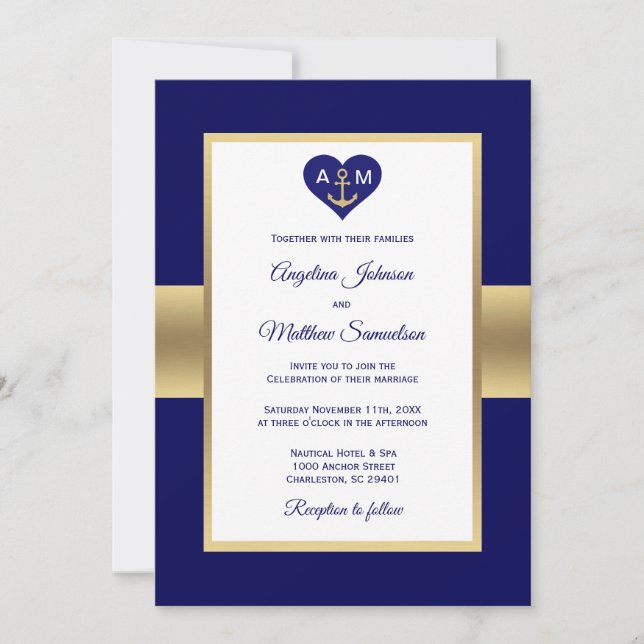 Elegant Navy Blue Guld Heart Nautical Bröllop Inbjudningar (Framsida)