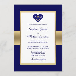 Elegant Navy Blue Guld Heart Nautical Bröllop Inbjudningar