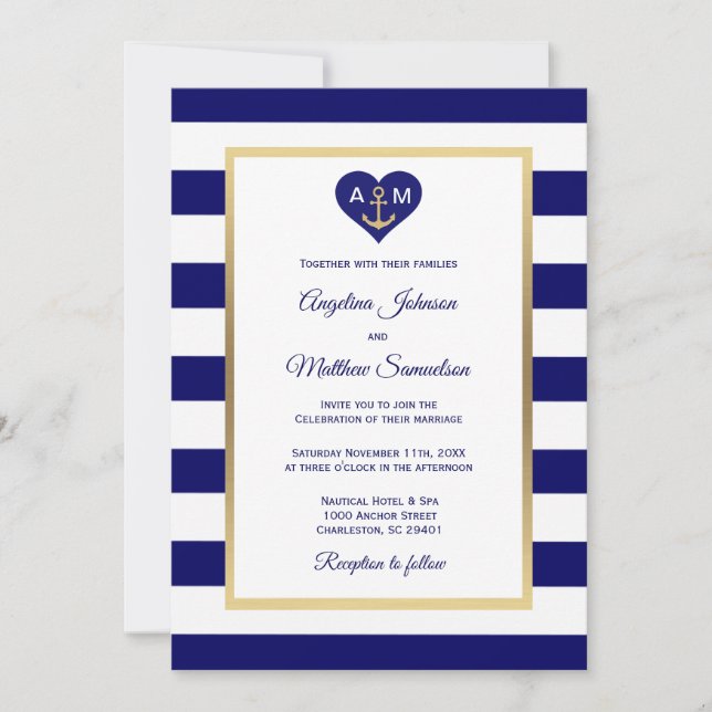 Elegant Navy Blue Guld Heart Nautical Bröllop Inbjudningar (Framsida)