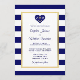 Elegant Navy Blue Guld Heart Nautical Bröllop Inbjudningar