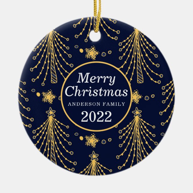 Elegant Navy Blue Guld Julgran Star Mönster Julgransprydnad Keramik (Framsidan)