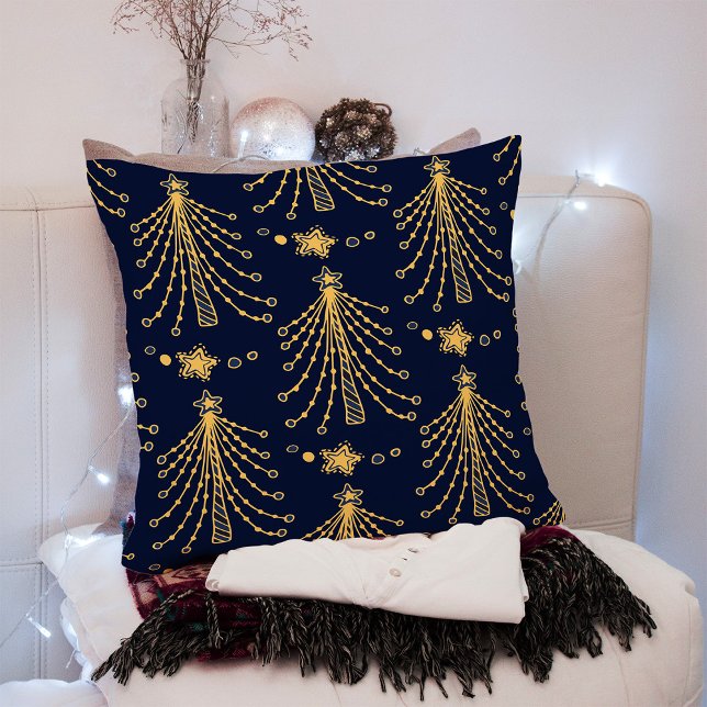 Elegant Navy Blue Guld Julgran Star Mönster Kudde (Skapare uppladdad)