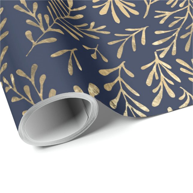 Elegant Navy Blue Guld Löv Presentpapper (Rullad Hörn)