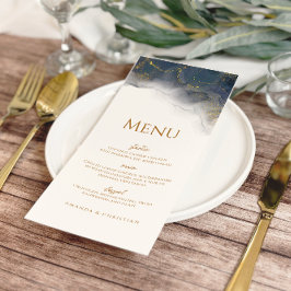 Elegant Navy Blue Guld Marble Bröllop Menu Meny
