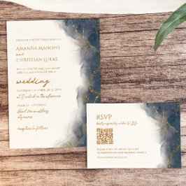 Elegant Navy Blue Guld Marble Typography Bröllop Inbjudningar
